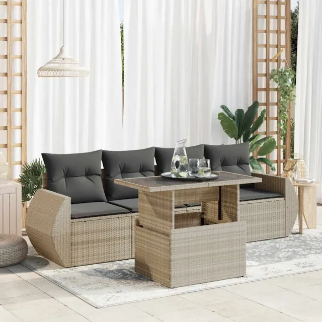 vidaXL 5-delige Loungeset met kussens poly rattan lichtgrijs grijs, foto 2