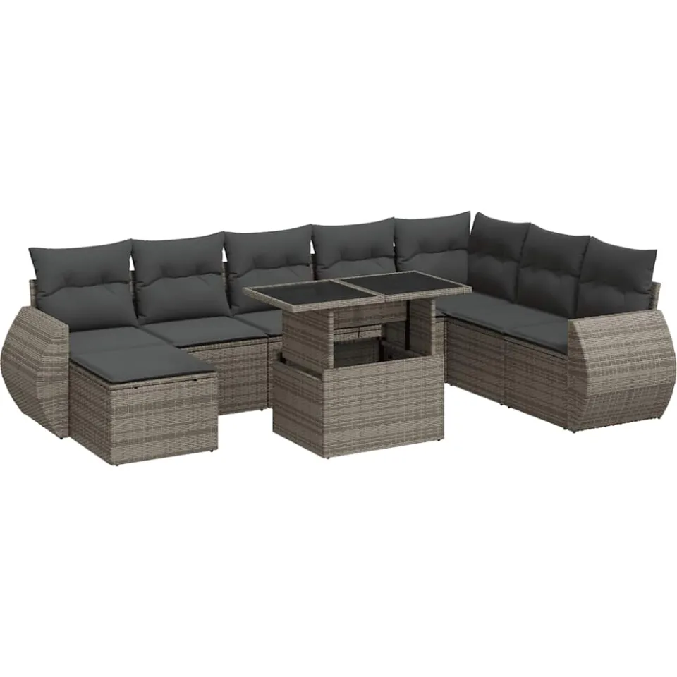 vidaXL 9-delige Loungeset met kussens poly rattan grijs, foto 3