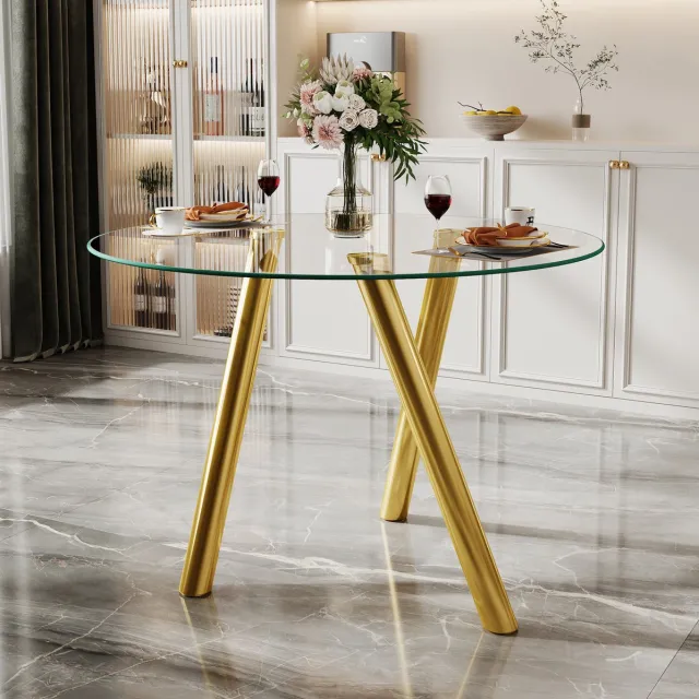 STILVORA Tafel - Ronde Eettafel Van Gehard Glas Met Gouden Metalen Poten - Modern Design Voor Woonkamer En Eetkamer - 89 Cm - Goud Gold