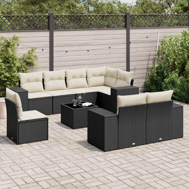 vidaXL 9-delige Loungeset met kussens poly rattan zwart, foto 2