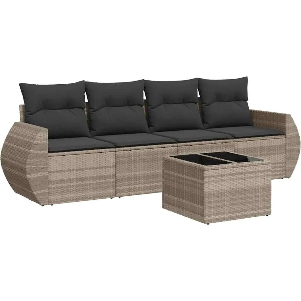 vidaXL 5-delige Loungeset met kussens poly rattan lichtgrijs grijs, foto 3