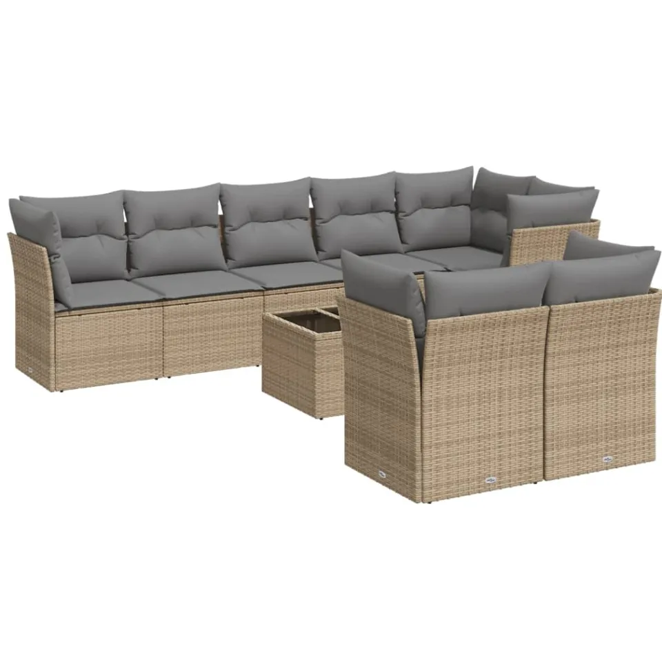 vidaXL 9-delige Loungeset met kussens poly rattan beige