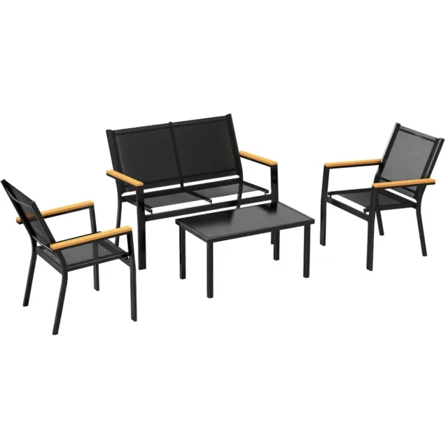 ZYLARO 4-delige Tuinset - Loungeset met 2-Zitsbank, 2 Fauteuils, Gehard Glazen Salontafel - Tuinmeubelset voor 4 Personen - Tuinbank - Zitset - Tuinsalon voor 4 Personen - Zitgroep - voor Terras, Balkon, Tuin - Zwart
