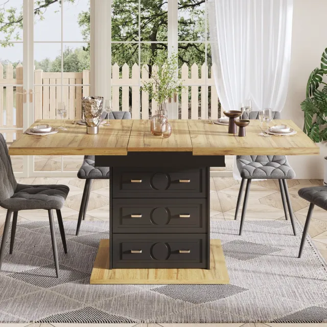 MODFU Uitschuifbare Eettafel - Met Opbergruimte - Klassieke Stijl - Voor Keuken - MDF En Metaal - Houtlook - 110-140 X 80 X 75 Cm Natuurlijk hout