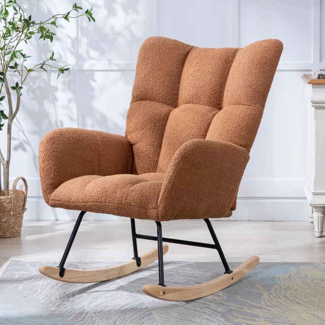 MODENUIT Schommelstoel - Teddy Stoffen Zitting Met Armleuningen - Voor Woonkamer - Bruin - 65x77x90 Cm