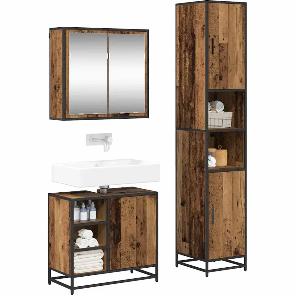 vidaXL Badkamermeubelset 3 st Oud Hout 65 x 33 x 60 cm Bewerkt hout Bruin