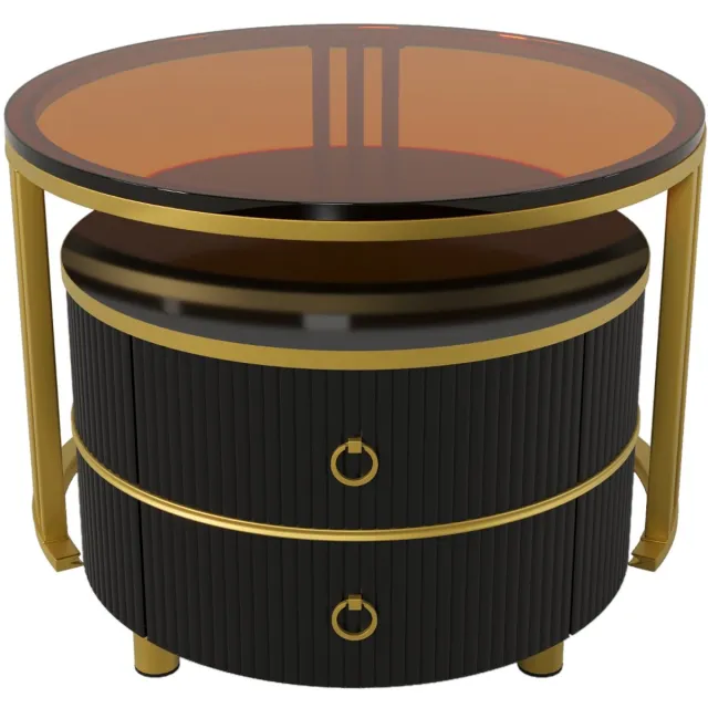 Ropilly Ronde salontafel set van 2 - Met 2 lades en opbergruimte - Hoogglans zwart en bruin gehard glas - Woonkamer - 70x70cm en 50x50cm