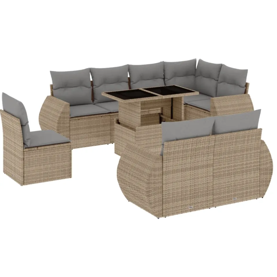 vidaXL 9-delige Loungeset met kussens poly rattan beige, foto 3