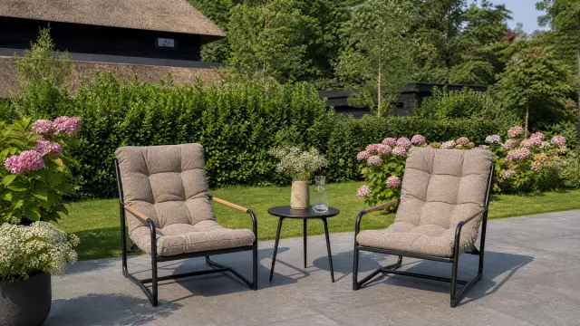VITA Como Loungestoelen - Met bijzettafel - textielene zitting - optimaal comfort - XL kussen olefin Bouclé bruin - aluminium onderstel - wood look armrest - Makkelijke montage - Duo Relax set Antraciet
