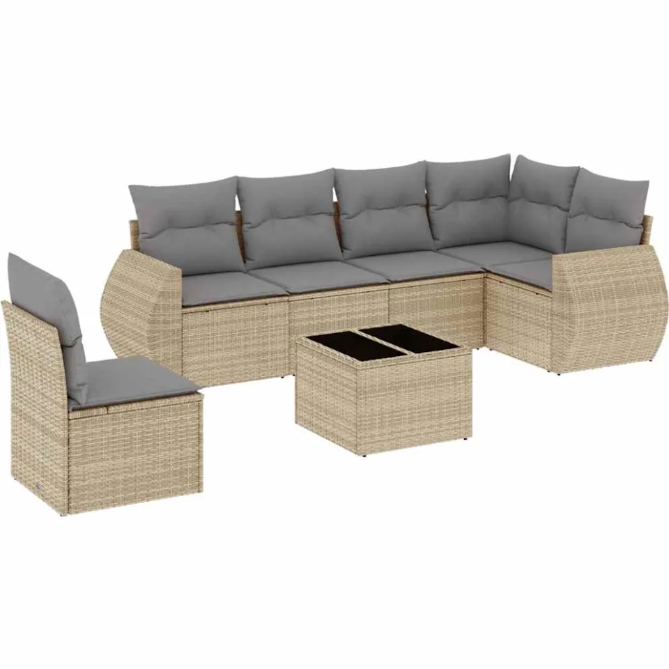 vidaXL 7-delige Loungeset met kussens poly rattan beige