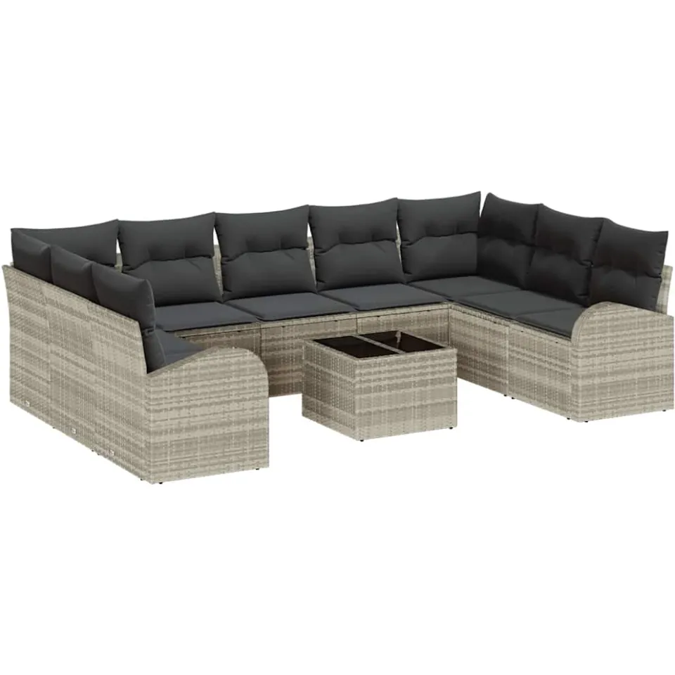 vidaXL Bankstel 10 st 9-zits Lichtgrijs poly rattan, foto 4