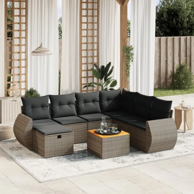 vidaXL 8-delige Loungeset met kussens poly rattan grijs, foto 2