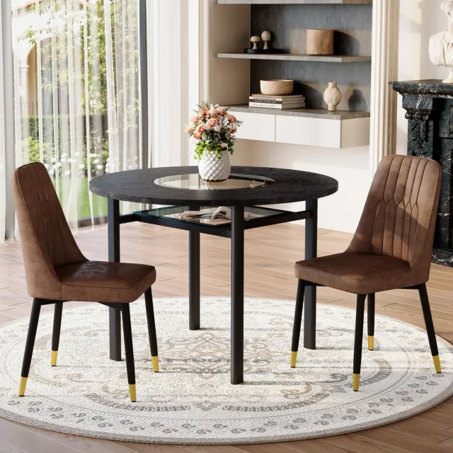 MEUNIQ Ronde eettafelset met 2 stoelen, 100 cm tafelblad met glasinleg en glazen legplank, zwart houtdecor en bruin, voor woonkamer, eetkamer of keuken Brown+Black