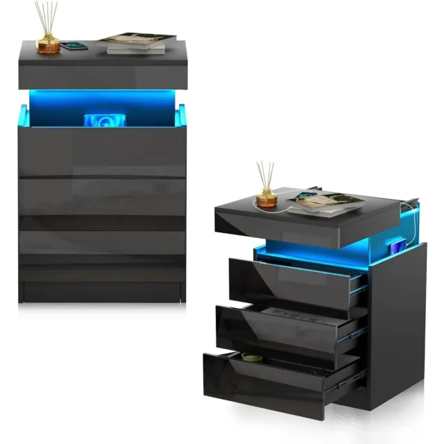 M Goods M-Goods Nachtkastje Zwart met LED-verlichting - Oplaadstation - Stopcontact & USB - Laden - 45x40x67cm