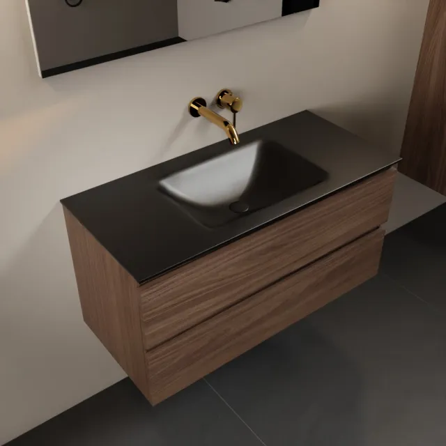 Mondiaz AIVY 100cm badmeubel Mocha, wastafel Urban solid surface midden zonder kraangat met spiegel (AI-351321URBAN-NO - AI-M100MOMI - AI-S100X70)
