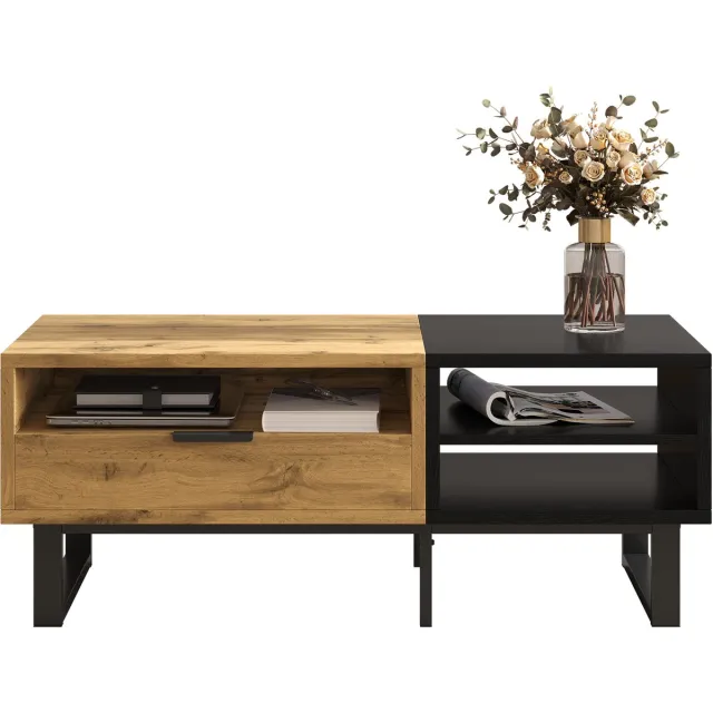 Clruro Salontafel - Modern - Laden en Metalen Poten - Kleurblok Structuur Design - MDF en Metaal - Meerkleurig Naturel