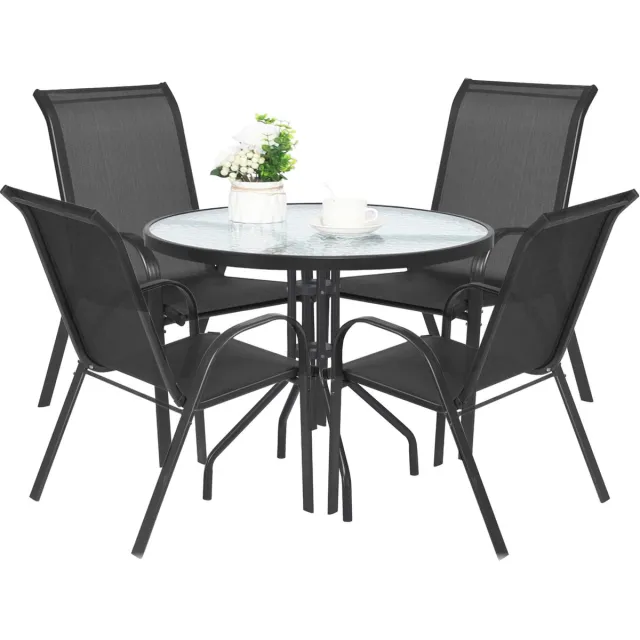 Oskar 5-delige tuinset: ronde tafel Ø90 cm + 4 stoelen SOFIA – Donkergrijs/Zwart Zwart/Grijs