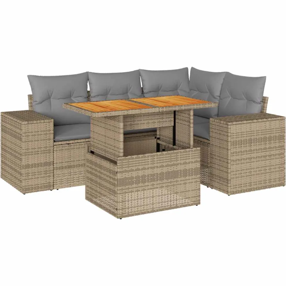 vidaXL 5-delige Loungeset met kussens poly rattan beige, foto 3