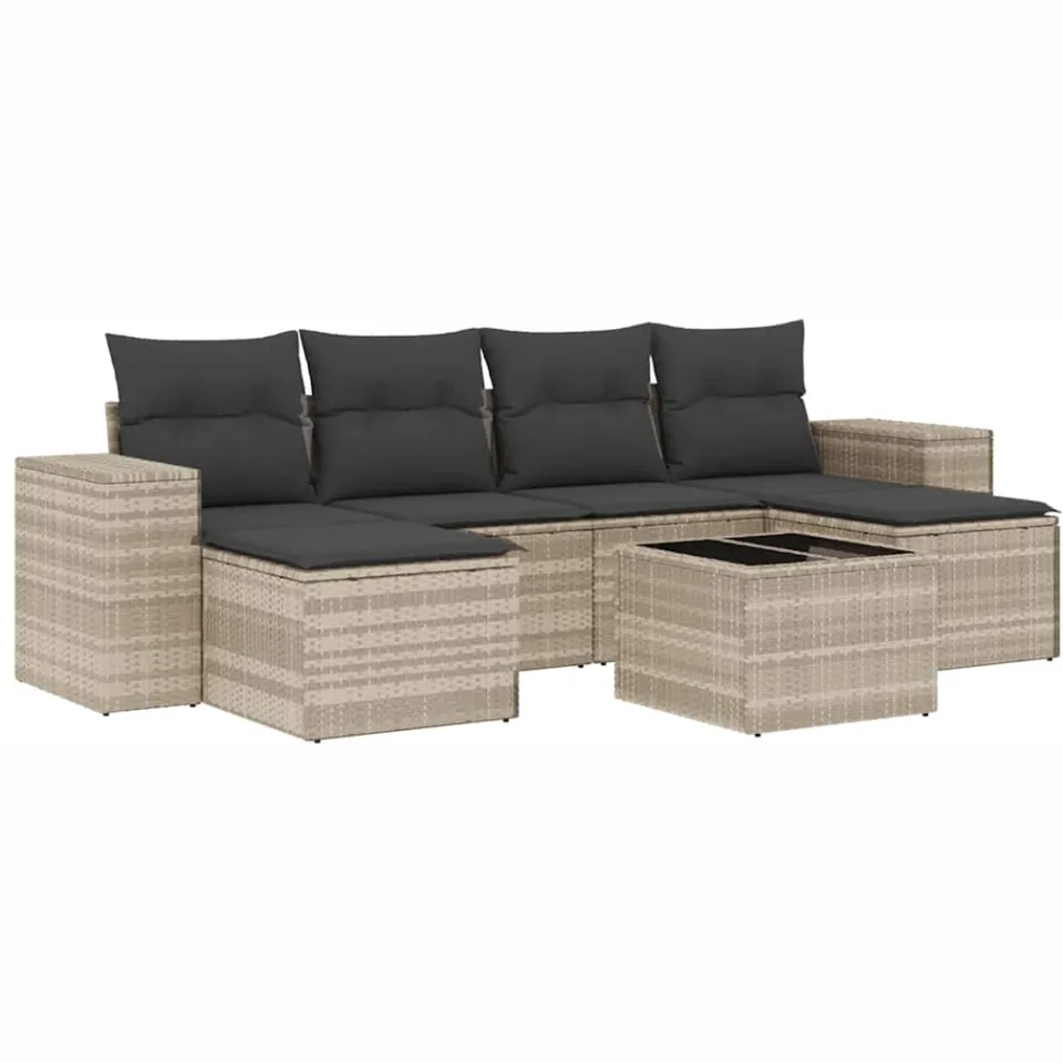 vidaXL 7-delige Loungeset met kussens poly rattan lichtgrijs grijs, foto 3