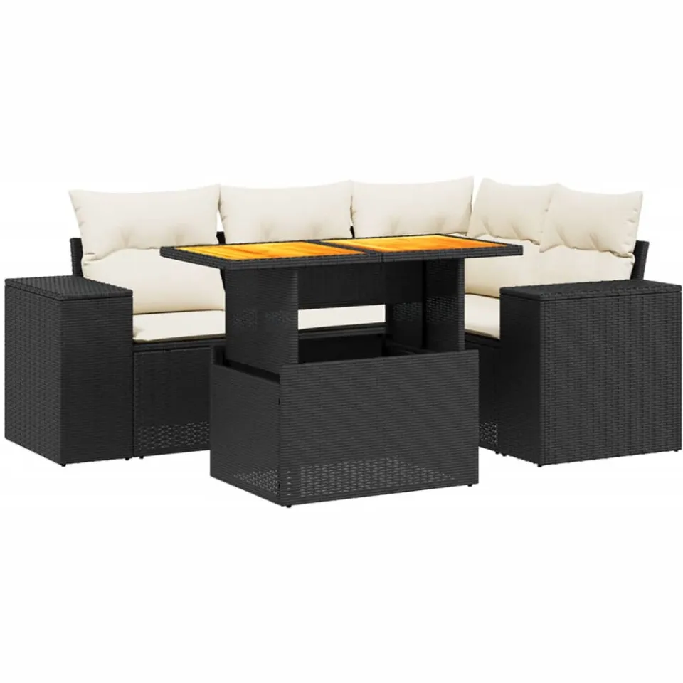 vidaXL 5-delige Loungeset met kussens poly rattan zwart