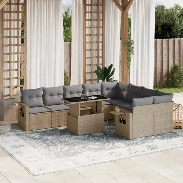 vidaXL 10-delige Loungeset met kussens poly rattan beige, foto 2