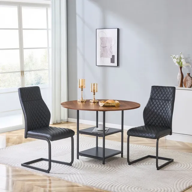 STILVORA Eettafelset - Ronde Eettafel Met Opbergniveaus En 2 Stoelen - Industrieel Voor Eethoek - Hout En Metaal - 107x75 Cm - Zwart;Walnoot