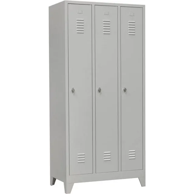 ABC Kantoormeubelen Industriële locker garderobekast 3- delig blauw op de sokkel en opening voor hangoogsluiting (zonder hangslot geleverd) Licht grijs (Ral 7035)