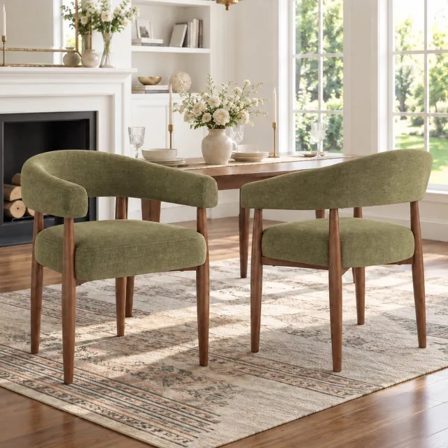 COVREO Eetkamerstoelen met armleuningen – Chenille zitting met gebogen rug – Set van 2 voor eetkamer – 60x59x75 cm – Olijfgroen