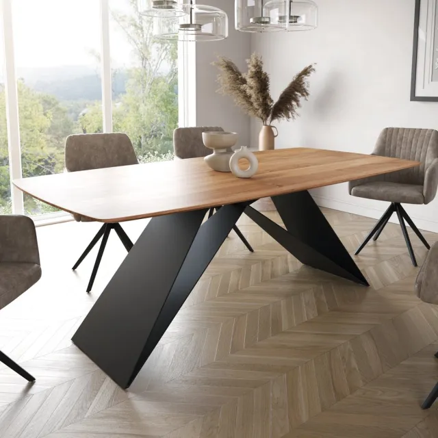 DELIFE Eetkamertafel Edge Boot acacia natuur 200x100 V-frame staal zwart Zwitserse rand Bruin