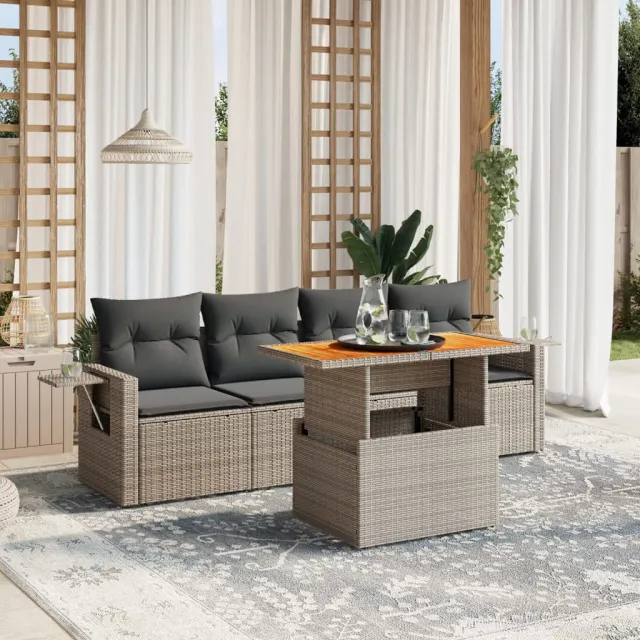 vidaXL 5-delige Loungeset met kussens poly rattan grijs, foto 2