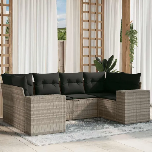 vidaXL 6-delige Loungeset met kussens poly rattan lichtgrijs grijs, foto 2