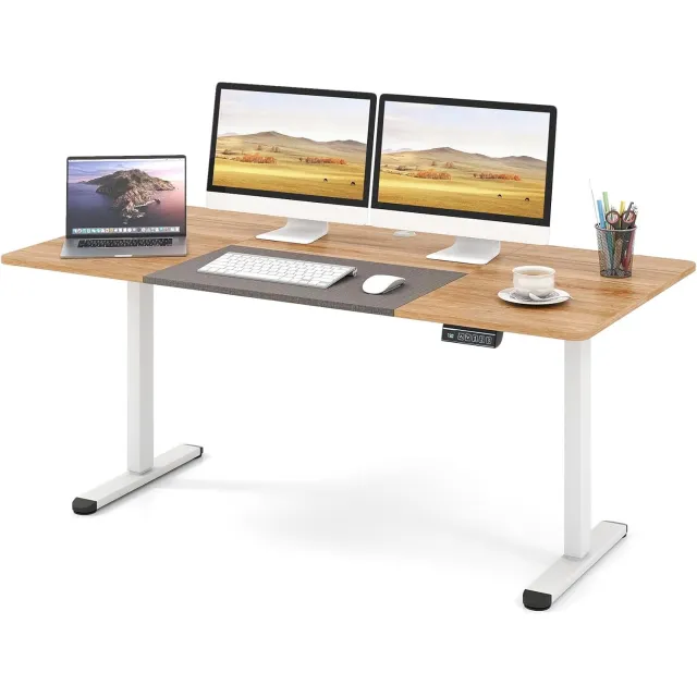 Costway In hoogte verstelbaar bureau, 140 x 70 cm, elektrisch sta-bureau met geheugenfunctie en kabelbeheer, computertafel incl. haken, sta-zittafel voor thuis en op kantoor (natuur) Naturel