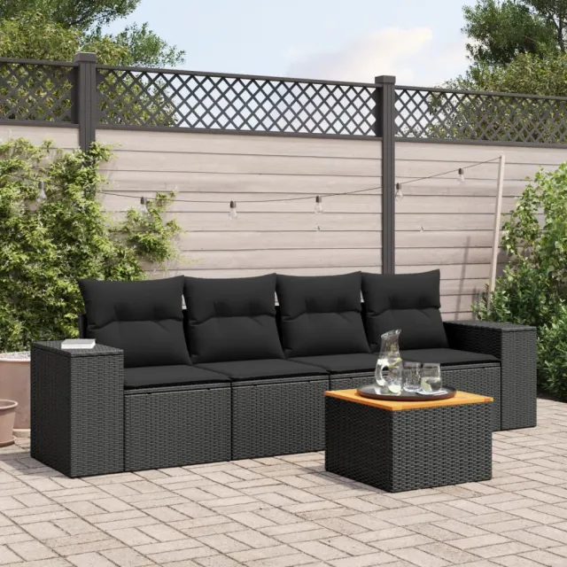 vidaXL 5-delige Loungeset met kussens poly rattan zwart, foto 2