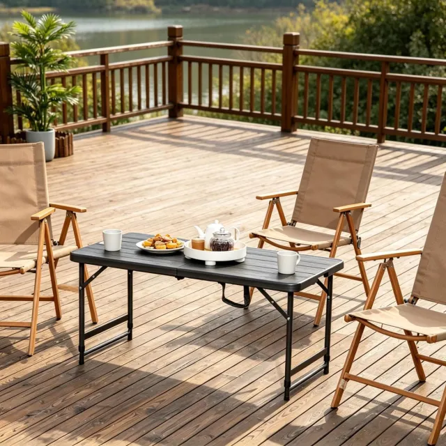 MIVRAY Tuintafel - Opklapbare In Hoogte Verstelbare Eettafel Voor 4 Personen En Buiten - HDPE En Staal - 118 X 60 X 56 74 Cm - Zwart
