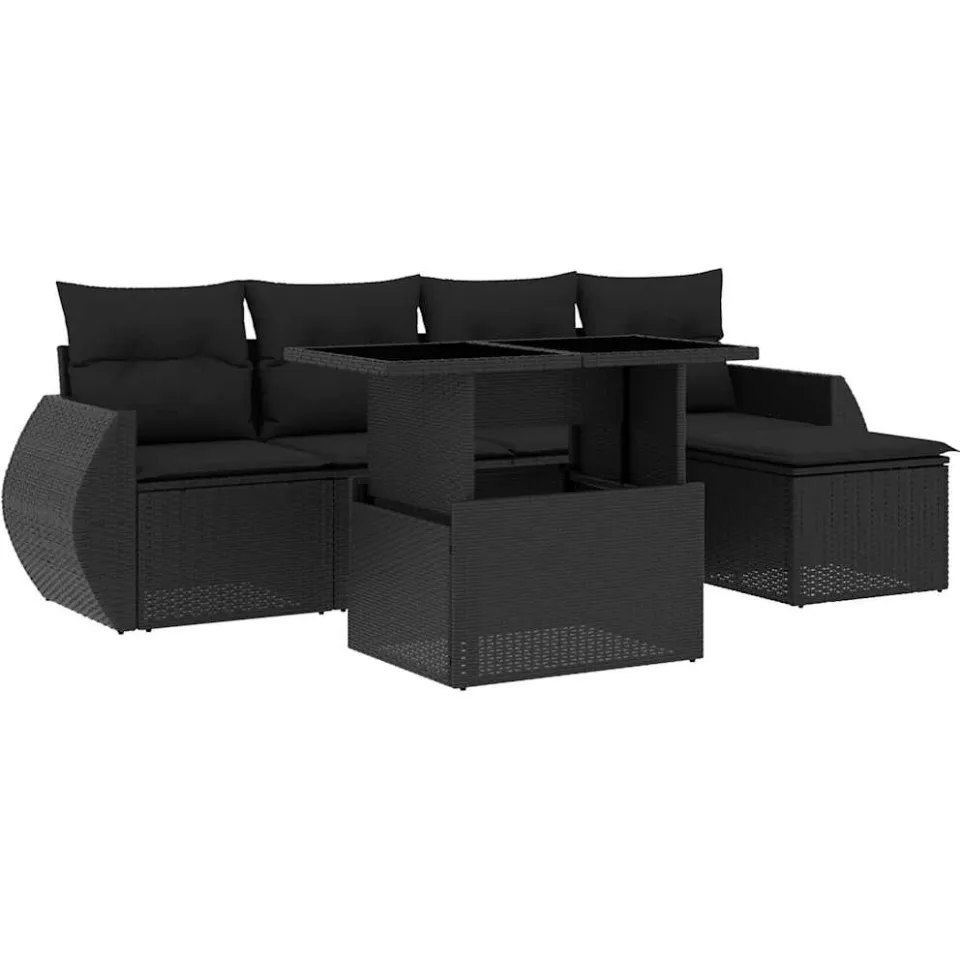 vidaXL 6-delige Loungeset met kussens poly rattan zwart