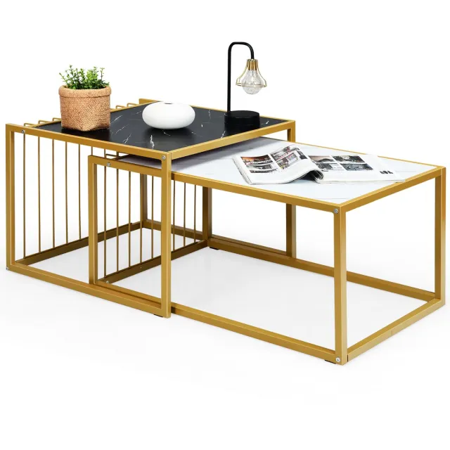 Costway Moderne nesttafels set van 2, stapelbare salontafels bijzettafel set, waterdicht gemarmerde tafelblad, gemakkelijke montage, vrije combinatie, industrieel ontwerp, ideaal voor kleine ruimten Zwart