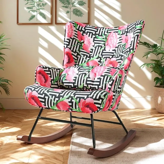 Homemiyn Schommelstoel – Linnen Look Rozen Design Rocking Chair – Romantische Bloemen Fauteuil – Comfortabele Wipstoel met Hoge Rugleuning voor Woonkamer en Slaapkamer Rozenprint