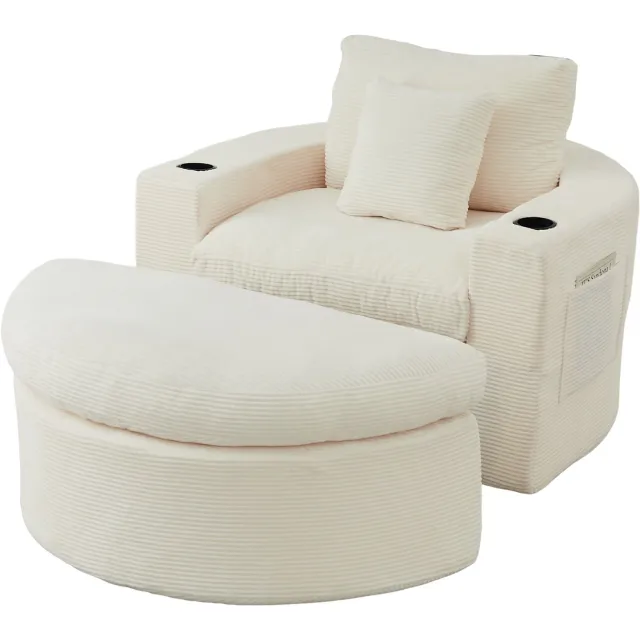 REDOM Chaise longue 156x136x88 cm - Ribstof met verstelbare voetenbank, bekerhouder en zijvakken - Beige