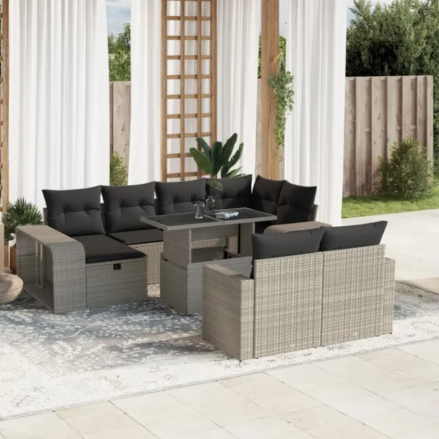 vidaXL 11-delige Loungeset met kussens poly rattan lichtgrijs grijs, foto 2