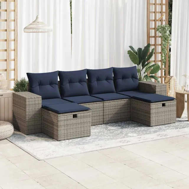 vidaXL 6-delige Loungeset met kussens poly rattan grijs, foto 2