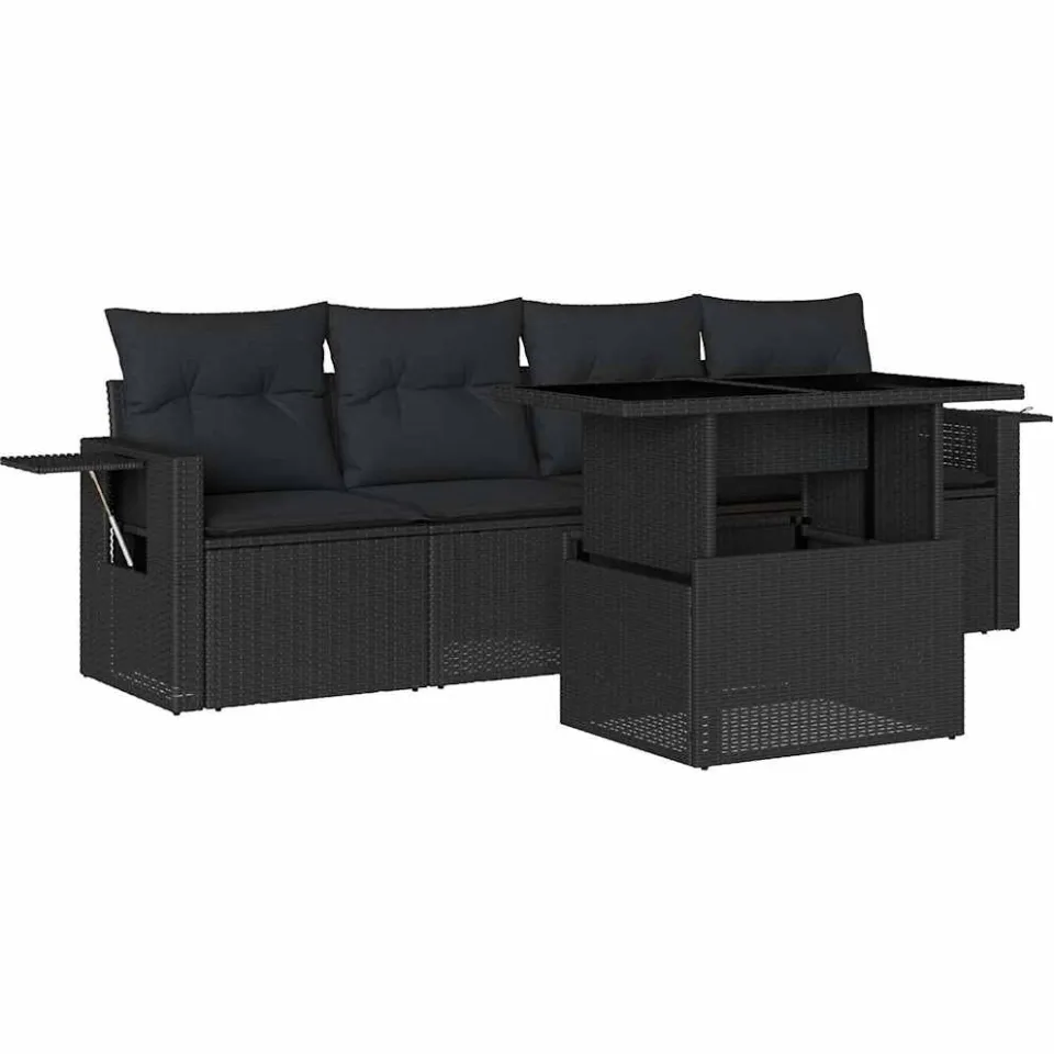 vidaXL 5-delige Loungeset met kussens poly rattan zwart, foto 3