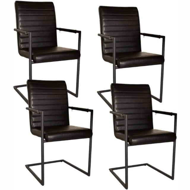 Dimehouse Set van 4 Eetkamerstoelen Bras Industrieel Zwart - Met Armleuningen - Kunstleer - Industrieel