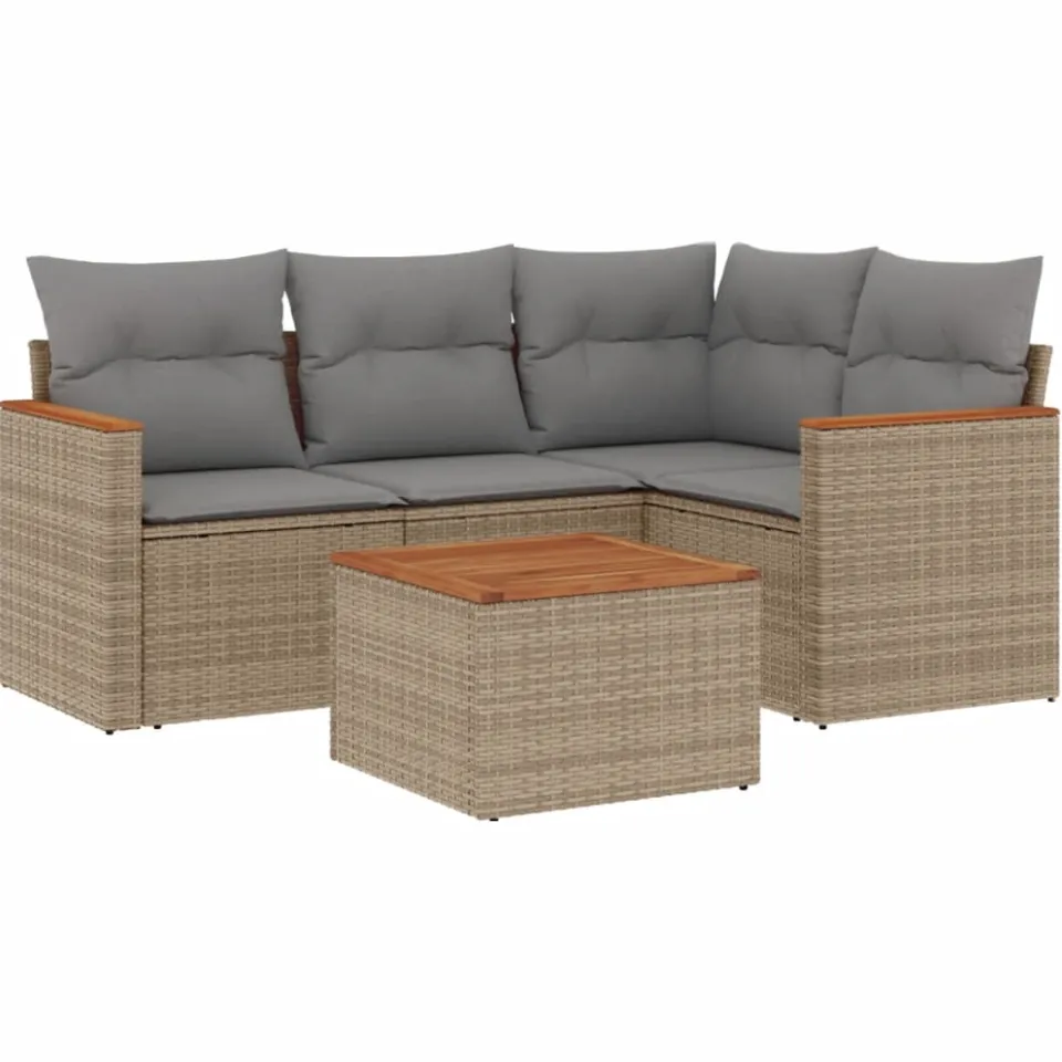 vidaXL 5-delige Loungeset met kussens poly rattan gemengd beige, foto 3