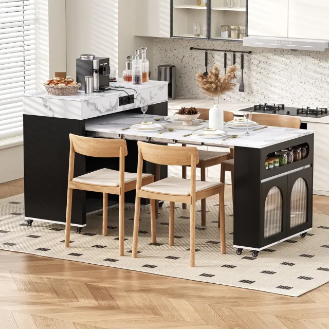Wishdor Keukeneiland Met Uitschuifbaar Tafelblad En Stopcontacten - Scandinavisch - Voor Keuken En Eethoek - MDF - Zwart