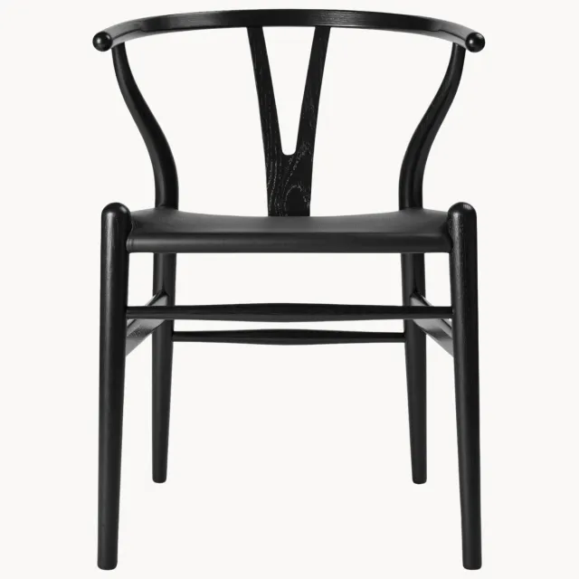 Carl Hansen & Søn Houten Wishbone Chair CH24P met leren zitvlak Zwart
