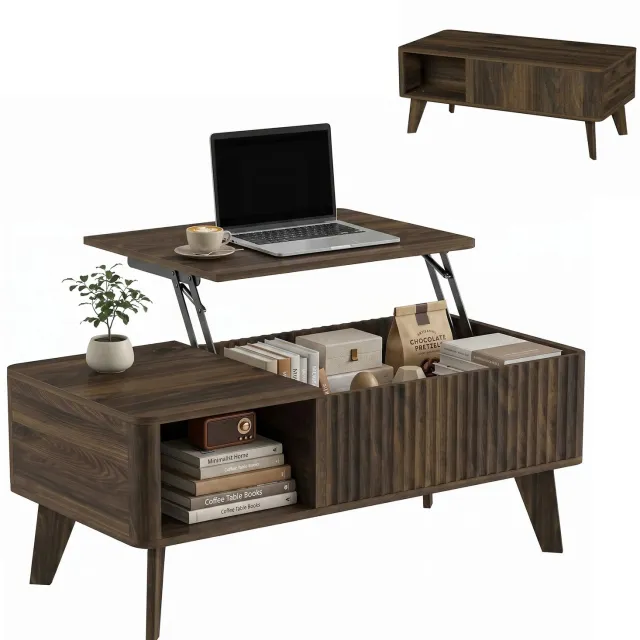 Bresht Salontafel - Bijzettafel - Koffietafel - Opbergruimte - Lift-top mechanisme - MDF - Warme walnootkleur - 100 × 48 × 41 cm
