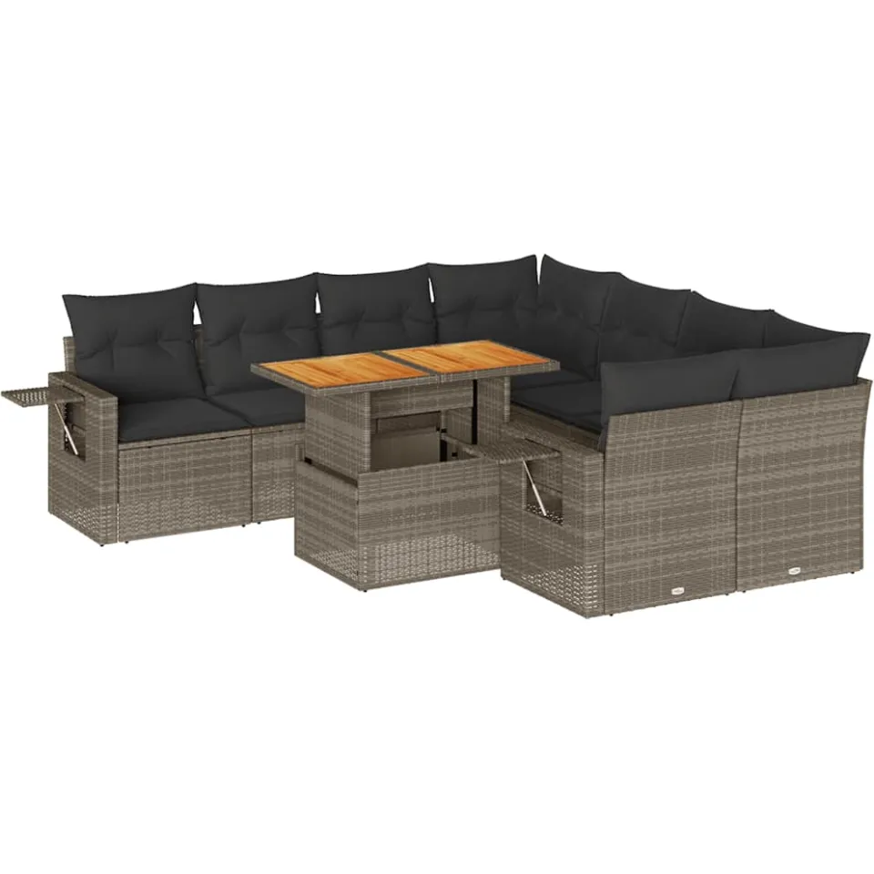 vidaXL 9-delige Loungeset met kussens poly rattan grijs, foto 3