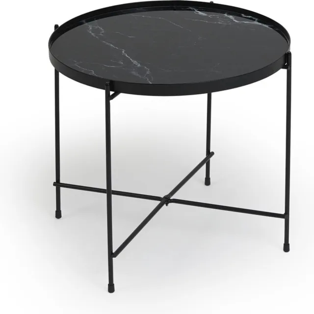 Lifa-Living Lifa Living - Ronde Bijzettafel - Marmerlook - Zwarte Koffietafel - Glazen Tafelblad - Metalenframe - ø 38 x 50 cm - Draagcapaciteit 5 kg - Luxe - Minimalistisch