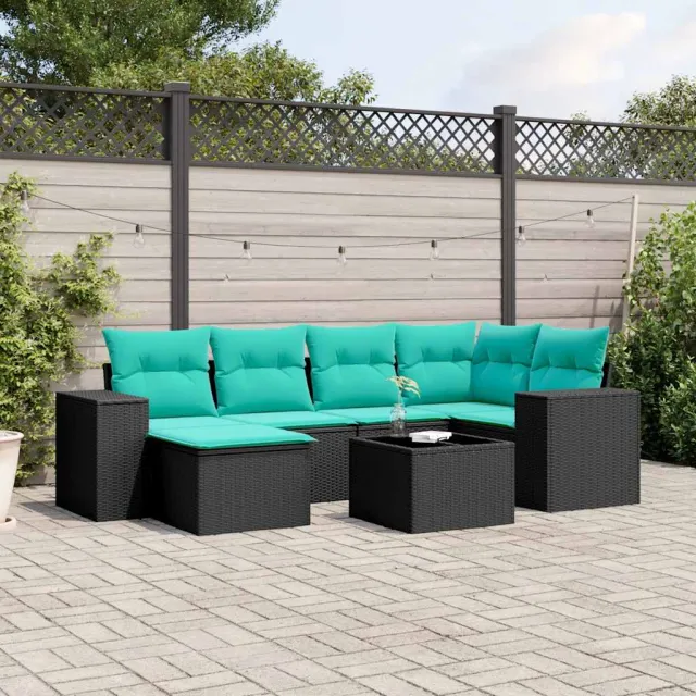 vidaXL 7-delige tuinbankset met kussens van zwart polyrotan, foto 2