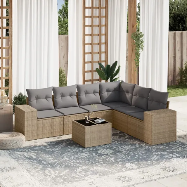 vidaXL 7-delige Loungeset met kussens poly rattan beige, foto 2